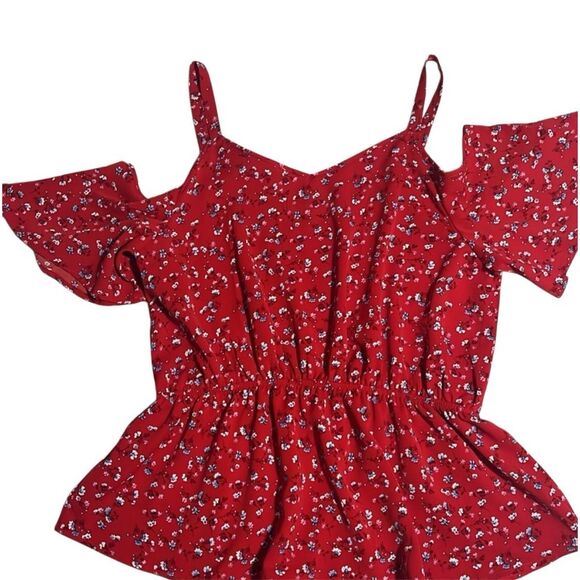 HIPPIE ROSE | red floral cold shoulder top M - Picture 2 of 6